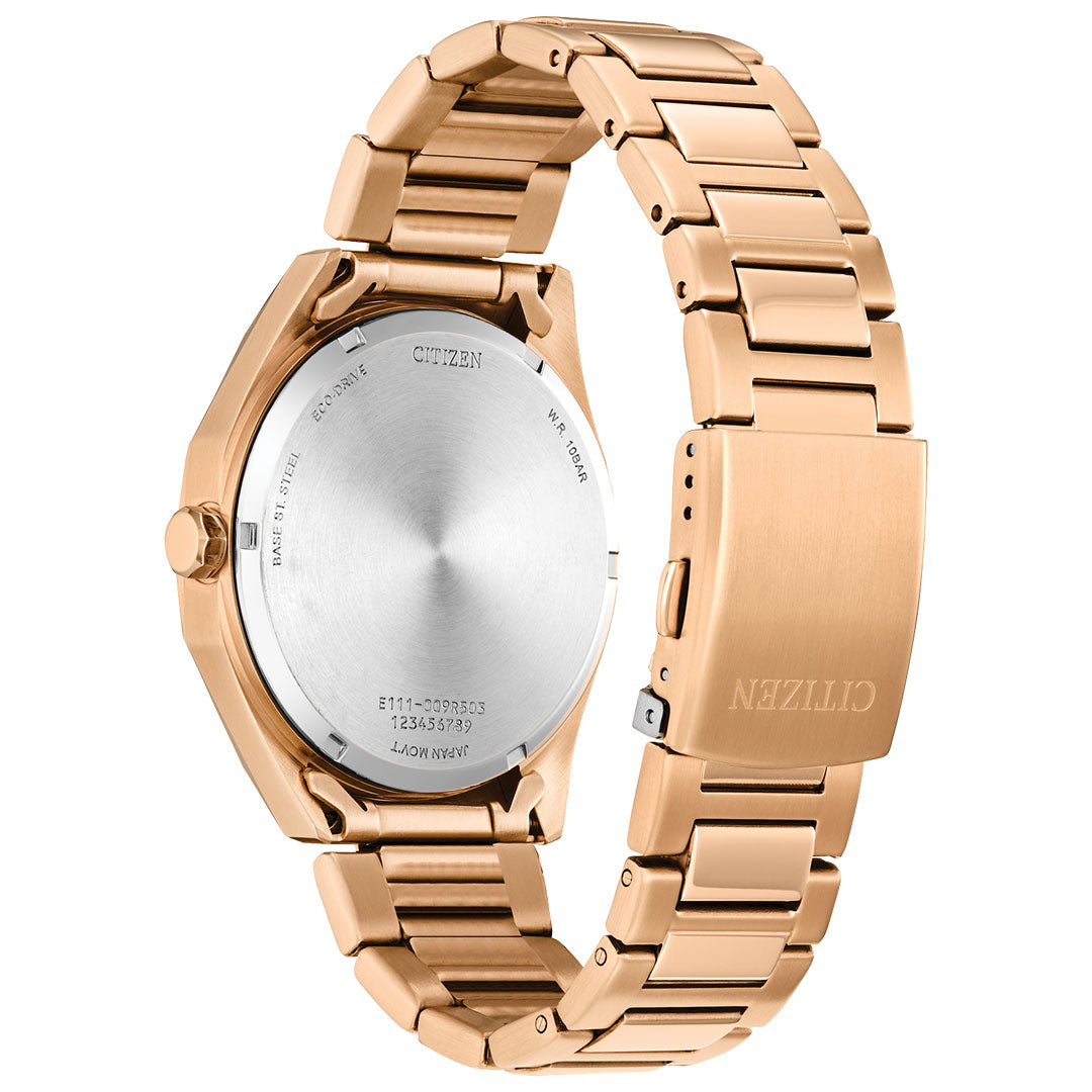 The CITIZEN Weekender Eco-Drive 41mm Watch in rose gold showcases a stainless steel case and metal bracelet. The backside of the watch is highlighted, displaying the brand's engraving and clasp, while its Eco-Drive technology and polished surfaces emphasize its elegant design.