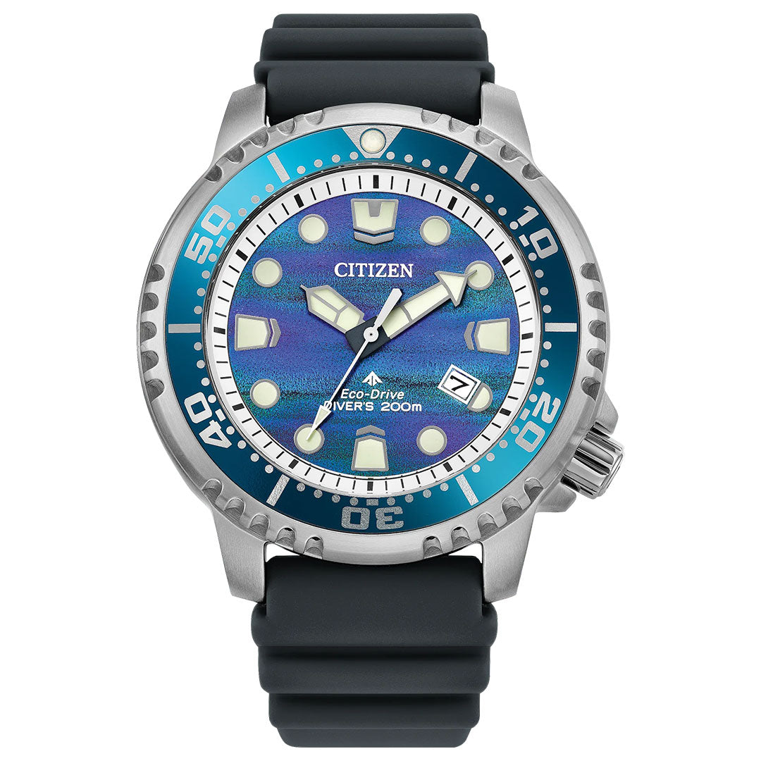 The CITIZEN Promaster Dive Eco-Drive 44mm Limited Edition (8,700 pieces) features a blue dial, bold white hour markers, date at 4 o’clock, silver bezel with blue accents, black rubber strap, and is water resistant to 200m.
