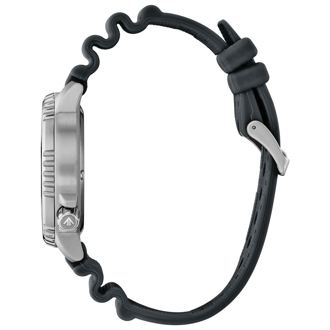 Side view of the CITIZEN Promaster Dive Eco-Drive 44mm Watch Limited Edition (8,700 pieces) featuring a round metal case, black wavy rubber strap with metal buckle, textured bezel, arrow crown, and structural ink dial.