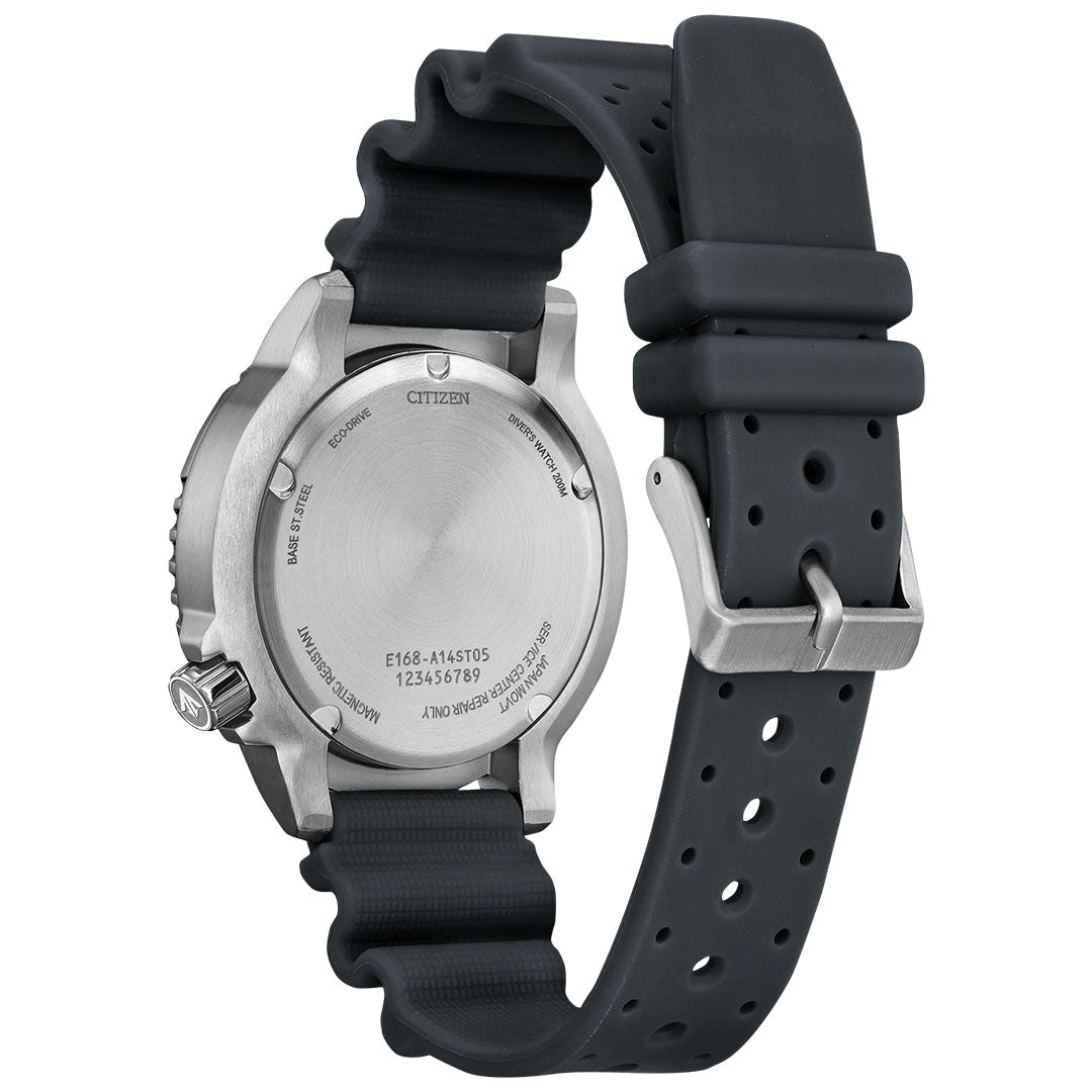 Back view of the CITIZEN Promaster Dive Eco-Drive 44mm Limited Edition (8,700 pieces) Watch, featuring a black perforated rubber strap, stainless steel case, and engraved details on the case back.