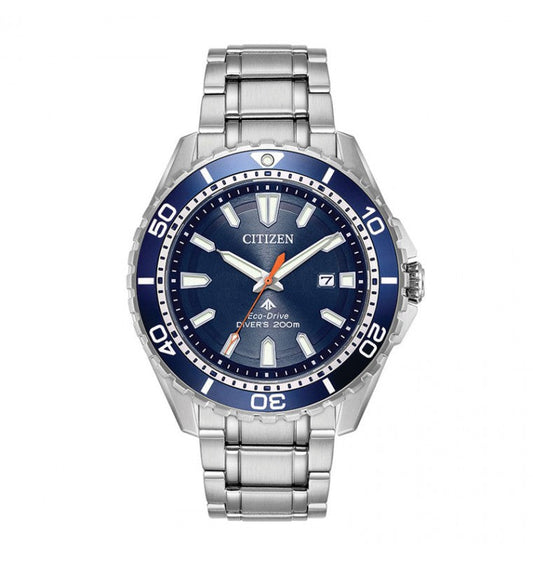 The CITIZEN Promaster Dive Eco-Drive 45mm Watch features a blue dial with luminous markers and a date display. It comes with a silver stainless steel bracelet and a unidirectional blue bezel adorned with white numerals for tracking dive time. This ISO-compliant watch is water-resistant up to 200 meters.