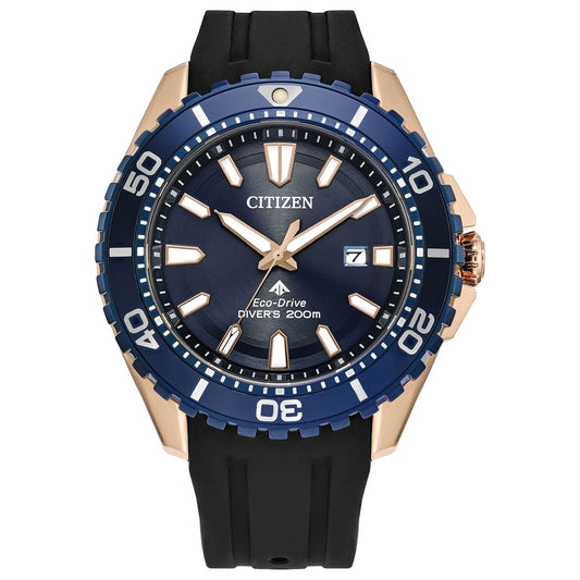 Introducing the CITIZEN Promaster Dive Eco-Drive 45mm Watch, a Diver's timepiece featuring a blue dial with white markers and a date window at the 3 o'clock position. It boasts a striking blue and gold bezel paired with a black strap and offers water resistance up to 200 meters.