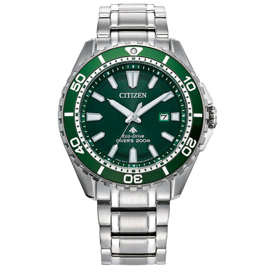 The CITIZEN Promaster Dive Eco-Drive 45mm Watch boasts a silver design with a striking green bezel and dial. It includes white markings, luminous hands, and a date window at the 3 o'clock position. This watch is water-resistant up to 200 meters and features a durable stainless steel bracelet.