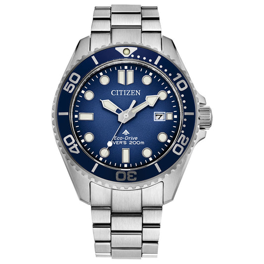 The CITIZEN Promaster Dive Eco-Drive 41mm Watch features a silver metal link band, blue dial with white markers, date at 3 o’clock, marked dive bezel, and is water resistant to 200 meters. Powered by reliable Eco-Drive technology.