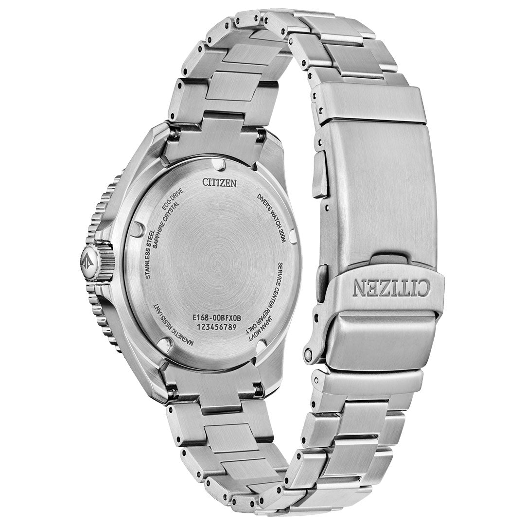 The CITIZEN Promaster Dive Eco-Drive 41mm Watch is shown from the back, highlighting its stainless steel case and bracelet, clasp, engraved details on the case back, and 200m water resistance.