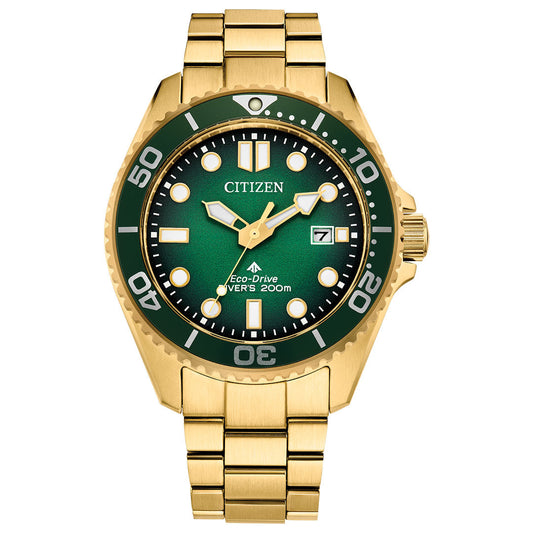 The CITIZEN Promaster Dive Eco-Drive 41mm watch features a gold-tone stainless steel case and bracelet, green bezel and dial, large white hour markers, date at 3 o’clock, and displays "CITIZEN," "Eco-Drive," and "Diver’s 200m" on the dial.