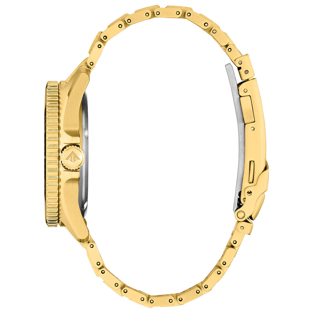 Side view of the CITIZEN Promaster Dive Eco-Drive 41mm Watch in gold-tone stainless steel, featuring a metal link band, textured bezel, and visible clasp and crown on the left side of the watch face.