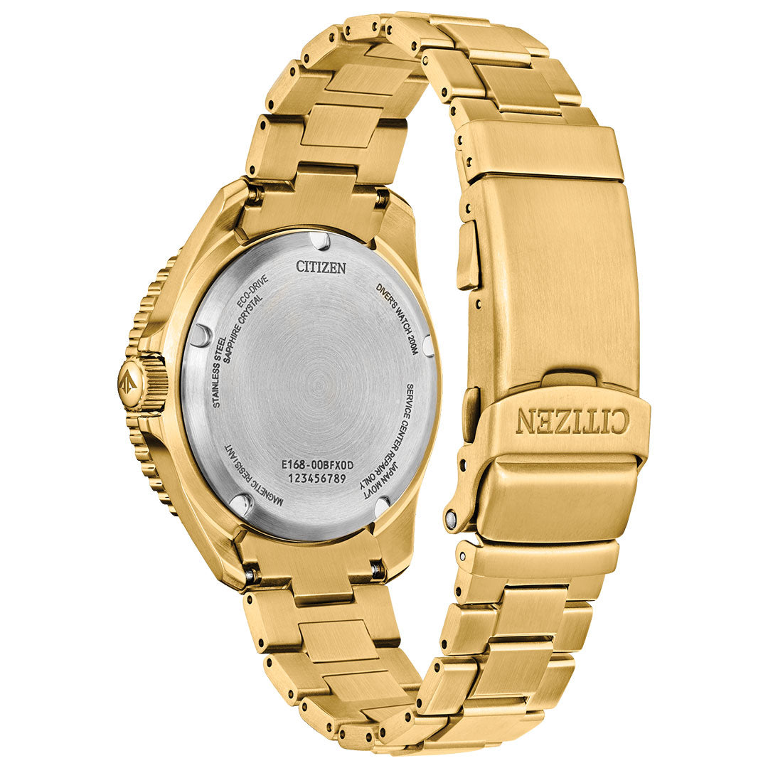 The CITIZEN Promaster Dive Eco-Drive 41mm Watch is shown from the back, featuring a stainless steel caseback with engraved details and a gold-tone metal link band with a clasp engraved "CITIZEN.