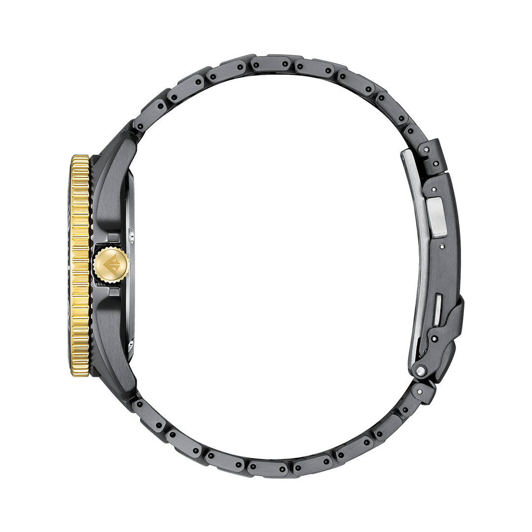 Side view of the CITIZEN Promaster Dive Light in Black Eco-Drive 40.6mm Watch, featuring a black metal band and case, gold-toned textured crown and bezel; designed for diving, with visible clasp and hinges. Watch face not shown.