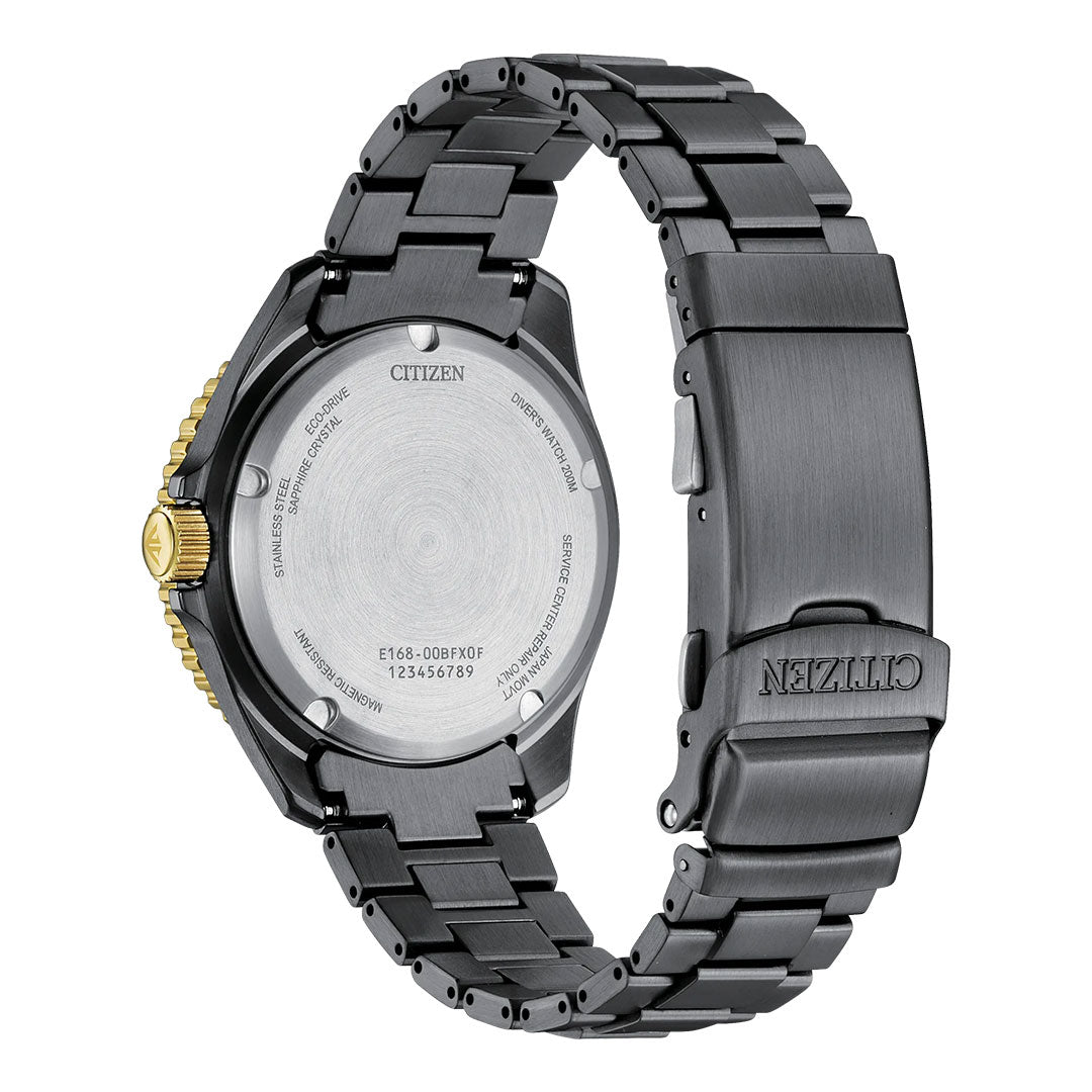Back view of the CITIZEN Promaster Dive Light in Black Eco-Drive 40.6mm watch, featuring a black metal band, gold crown, stainless steel case back with engravings, and open clasp showing the CITIZEN logo.