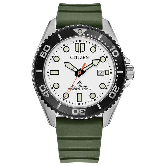 The CITIZEN Promaster Dive Eco-Drive 40.6mm Watch showcases a crisp white dial with bold hour markers and a black bezel, complemented by a green rubber strap. A conveniently placed date window at 3 o’clock enhances readability, while its ISO-certified water resistance to 200 meters ensures durability underwater. Powered by CITIZEN’s Eco-Drive technology, this timepiece offers outstanding reliability for adventures both above and below the surface.