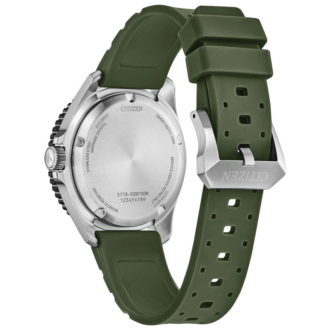 Back view of the CITIZEN Promaster Dive Eco-Drive 40.6mm Watch, featuring a round stainless steel case, olive green rubber strap with buckle clasp, and engraved case details. This ISO-certified dive watch by CITIZEN utilizes innovative Eco-Drive technology for reliable, battery-free performance.