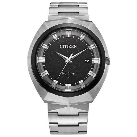 The CITIZEN Eco-Drive 365 Eco-Drive 42.5mm Watch, featuring a stainless steel band and case, highlights innovative light-powered technology. Its black dial is accented by silver hour markers, minute and hour hands, a second hand, and a date window. This stylish and contemporary design combines sustainability with the brand's Eco-Drive 365 innovation.