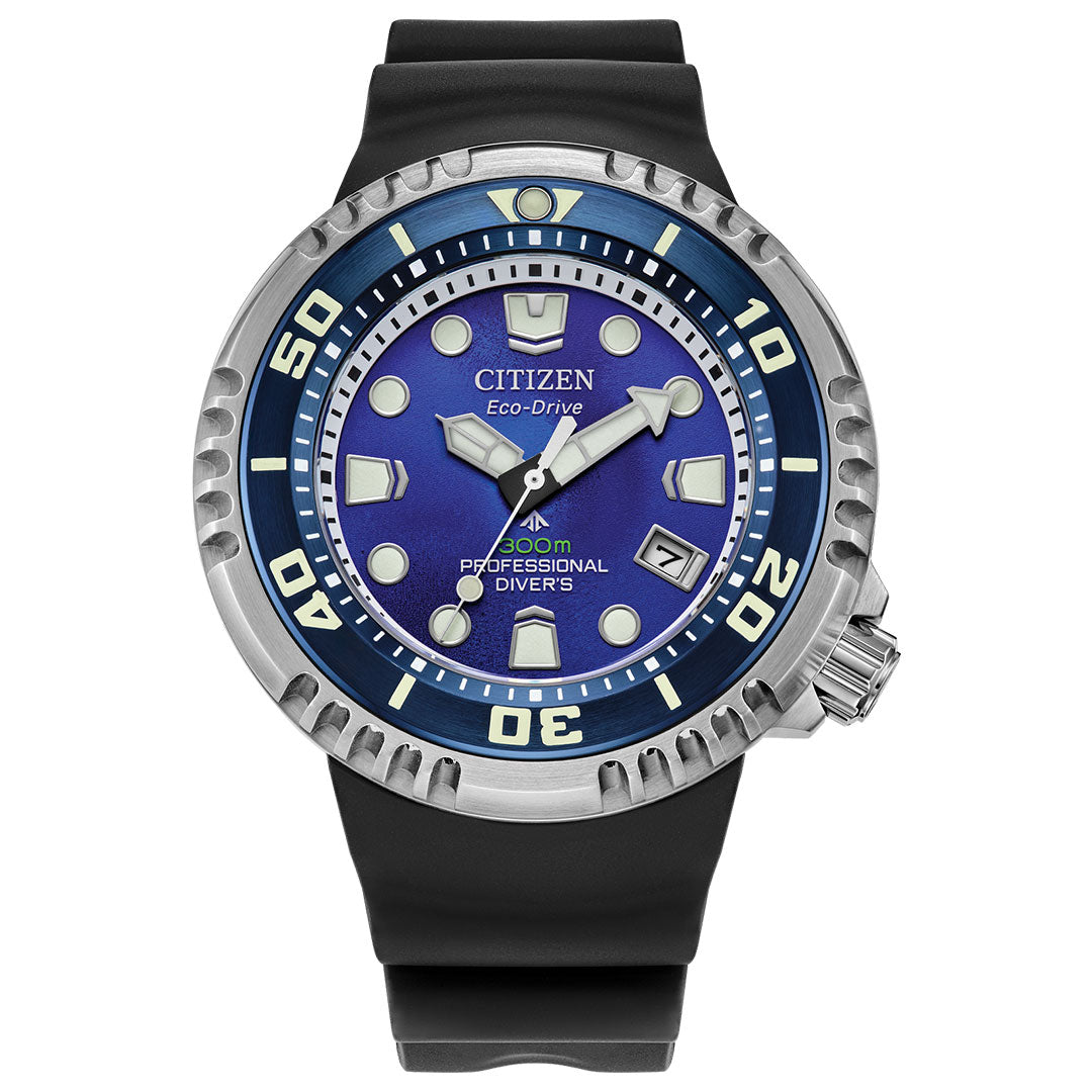 The CITIZEN Promaster Dive Eco-Drive 46mm Watch features a blue dial, large white markers, black rubber strap, silver bezel with minute markings, and is water resistant up to 200 meters for sustainable performance.