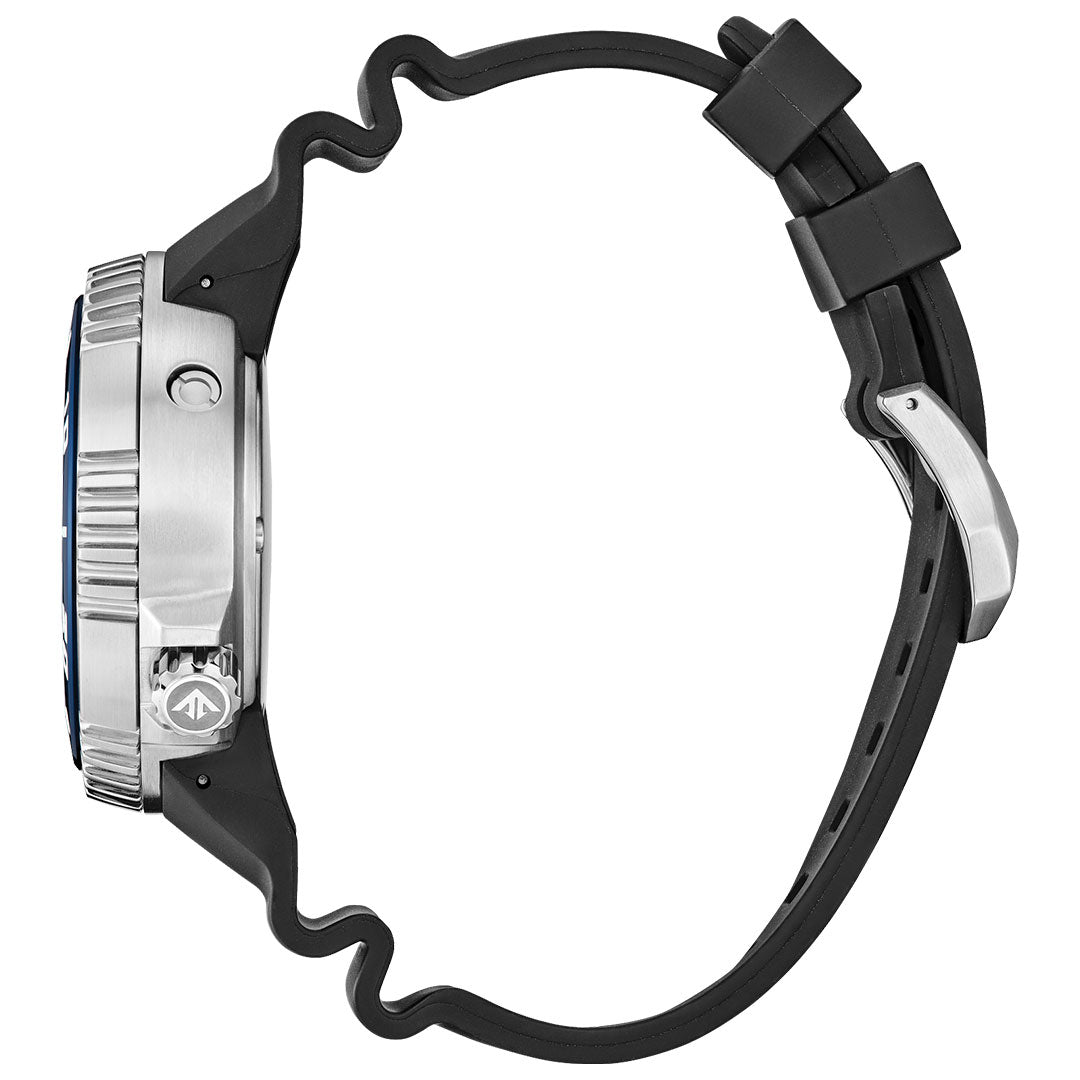 Side view of the CITIZEN Promaster Dive Eco-Drive 46mm Watch Limited Edition, featuring a thick silver case, textured bezel, black wavy rubber strap with metal buckle, engraved logo crown, and CITIZEN's Eco-Drive technology.