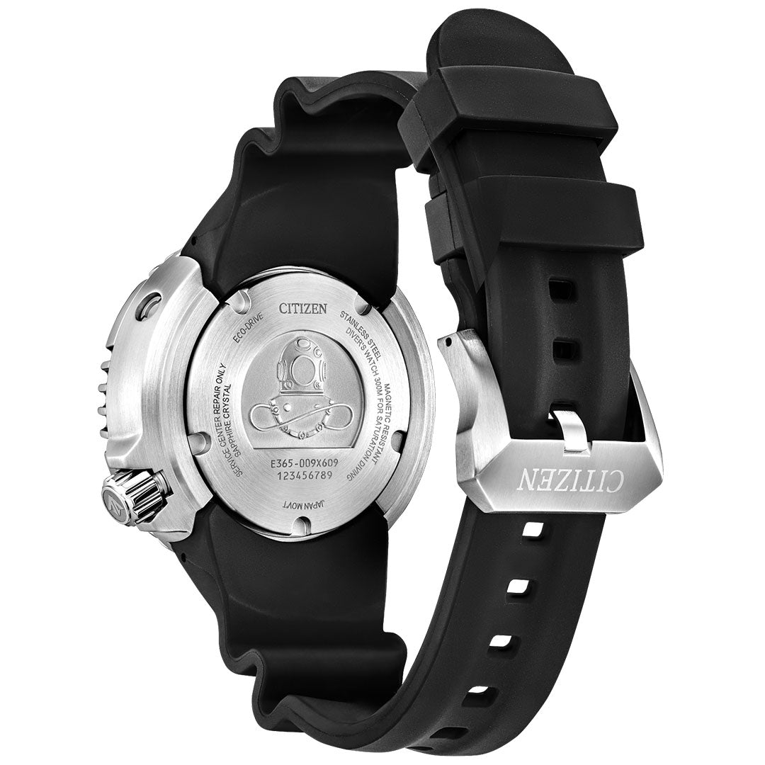 The back of the CITIZEN Promaster Dive Eco-Drive 46mm Limited Edition watch features a black rubber strap, silver buckle, stainless steel case with engraved text and Citizen logo, plus visible crown and protectors.