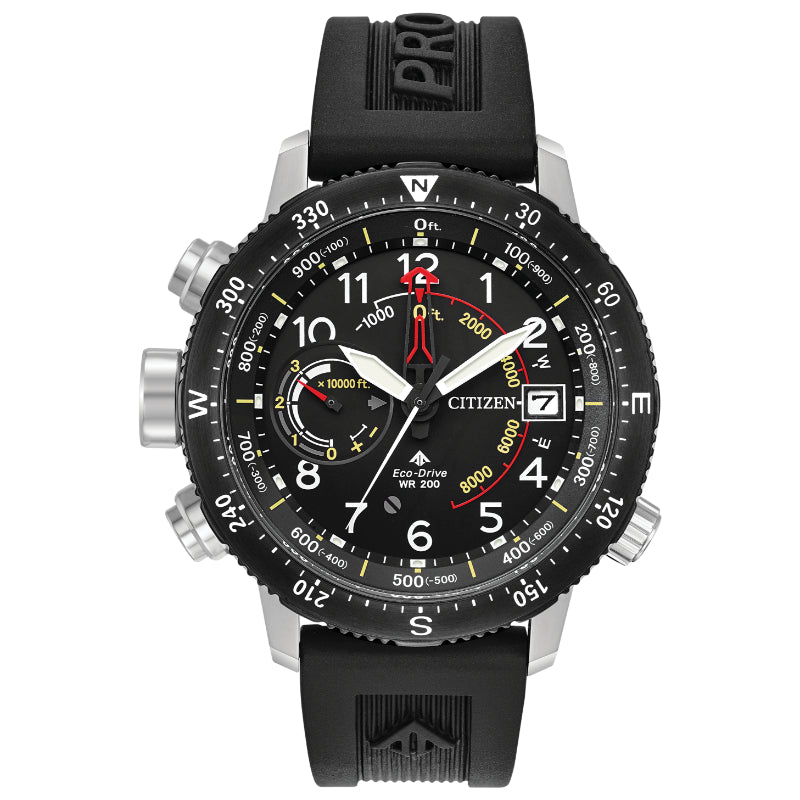 The CITIZEN Promaster Altichron Eco-Drive 47mm watch combines a robust design with intricate analog display, multiple dials, and a stainless steel case. Its black rubber strap enhances the bezel, which includes directional indicators for various functions like an electronic compass.