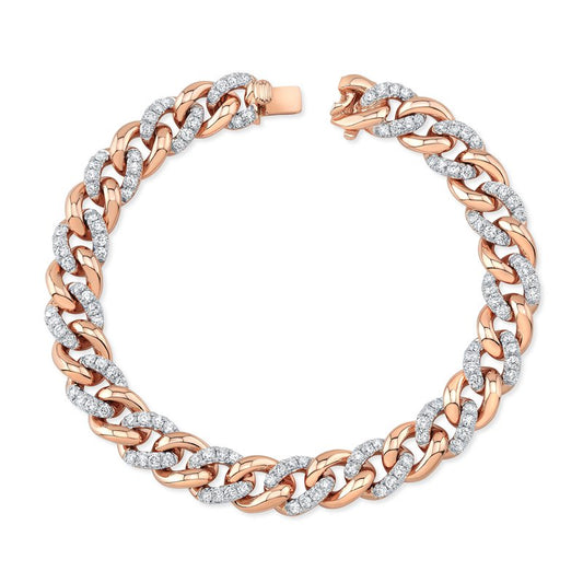 The Uneek Legacy 18K White and Rose Gold Diamond Chain Bracelet from Uneek displays a rose gold chain with alternating links, each embellished with dazzling round diamonds. Arranged in a circular shape on a white background, it exudes timeless elegance and sophistication.