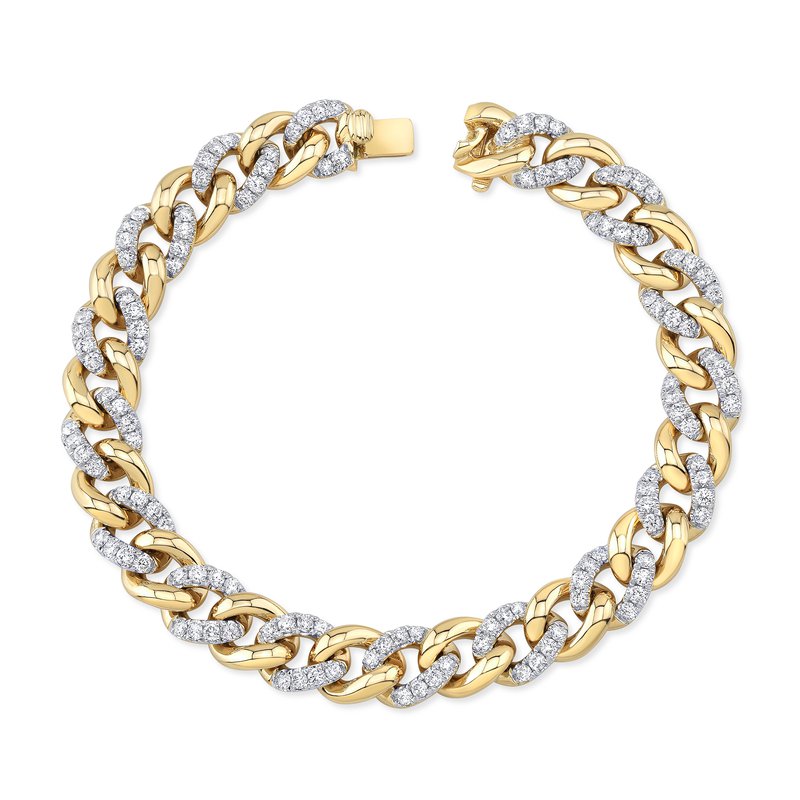 The Uneek Legacy 18K White and Yellow Gold Diamond Chain Bracelet features interlocking links, each embellished with sparkling diamonds and arranged in a circle on a white background. The clasp is visible at the top.