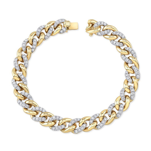 The Uneek Legacy 18K White and Yellow Gold Diamond Chain Bracelet features interlocking links, each embellished with sparkling diamonds and arranged in a circle on a white background. The clasp is visible at the top.