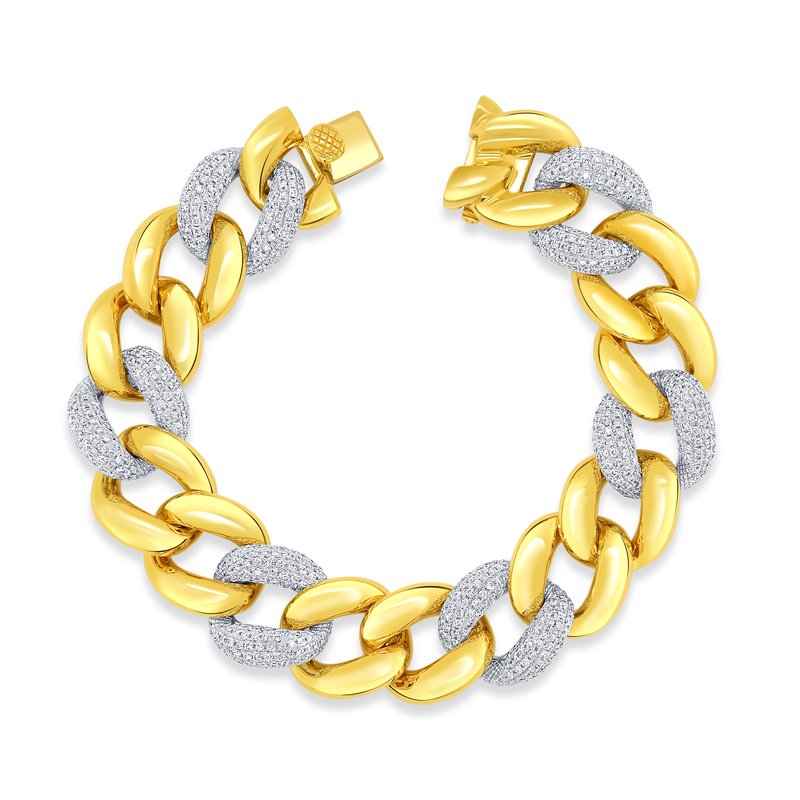 The Uneek 18K White and Yellow Gold Diamond Chain Bracelet features alternating links of smooth, polished 18 Karat gold and textured, sparkling silver, creating a stunning thick chain. This remarkable piece from Uneek is secured with a reliable clasp for closure.