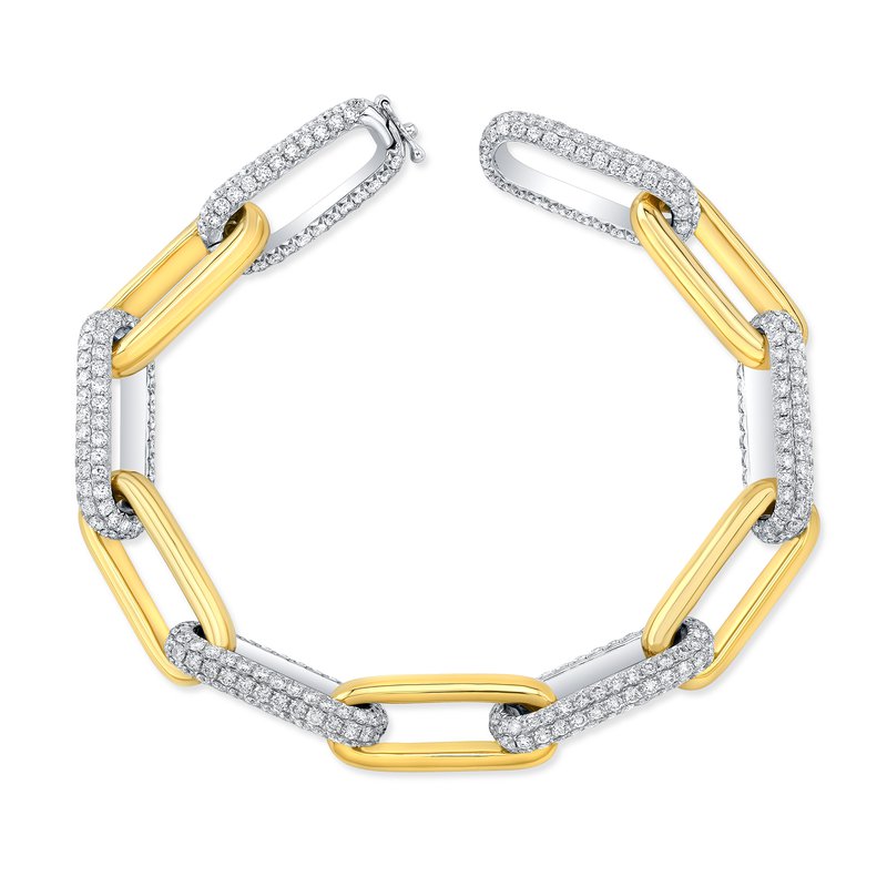 Introducing the Uneek 18K White and Yellow Gold Diamond Paperclip Chain Bracelet: a stunning creation by Uneek, featuring alternating links of 18 Karat white and yellow gold. Several links are embellished with dazzling round diamonds, offering an elegant and luxurious design ideal for any occasion.