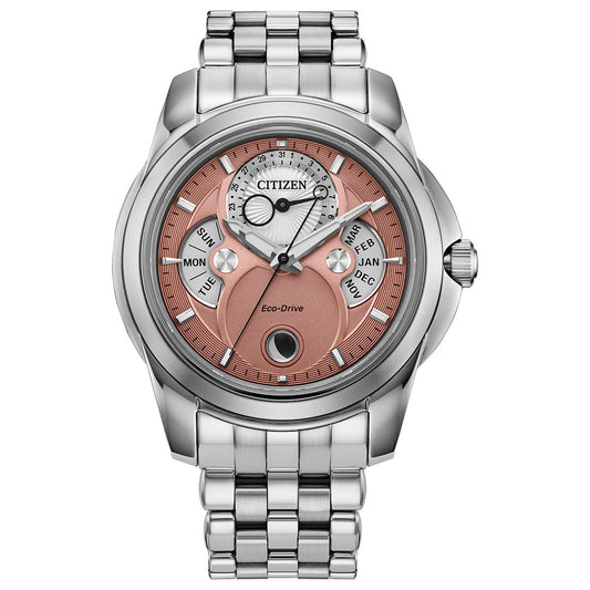 The CITIZEN Calendrier Eco-Drive 41.8mm watch features a stainless steel case and bracelet, a salmon-pink dial with day, month, and 24-hour subdials, plus a date window at 6 o'clock.