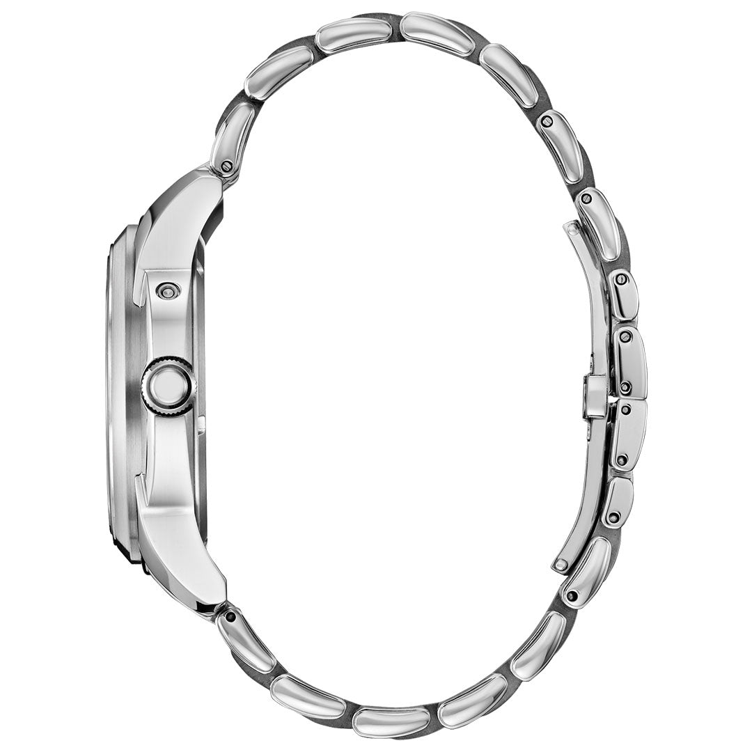 Side view of the CITIZEN Calendrier Eco-Drive 41.8mm Watch, showcasing its stainless steel round case, visible crown, and metal link bracelet, emphasizing the case thickness and clasp on the opposite side of the band.