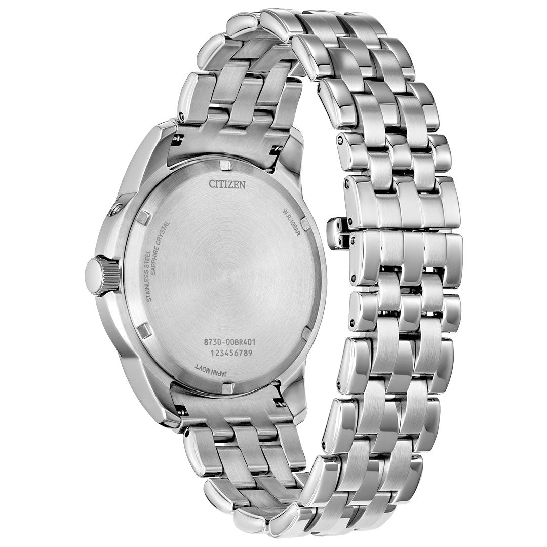 The image shows the back of a CITIZEN Calendrier Eco-Drive 41.8mm Watch, featuring a silver metal link band and engraved brand name and serial numbers on its stainless steel case back.