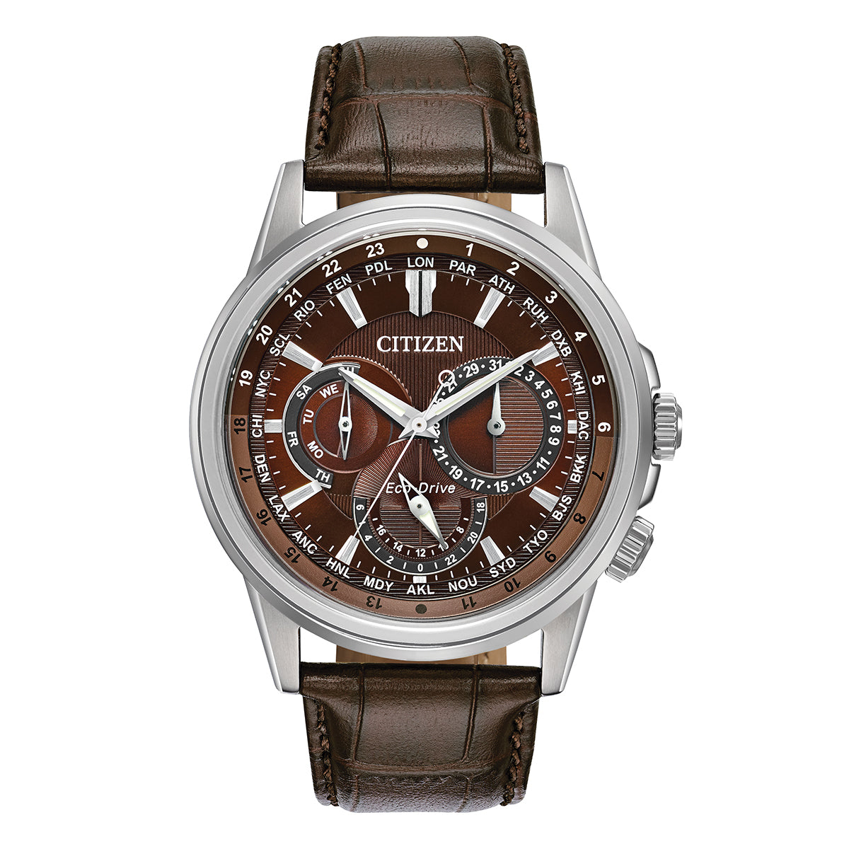 The CITIZEN Calendrier Eco-Drive 37mm Watch features a brown textured dial and a sleek stainless steel case, complemented by a brown leather strap. It offers multiple subdials for time zones, date, and world timer function, showcasing the innovative Eco-Drive technology from CITIZEN.