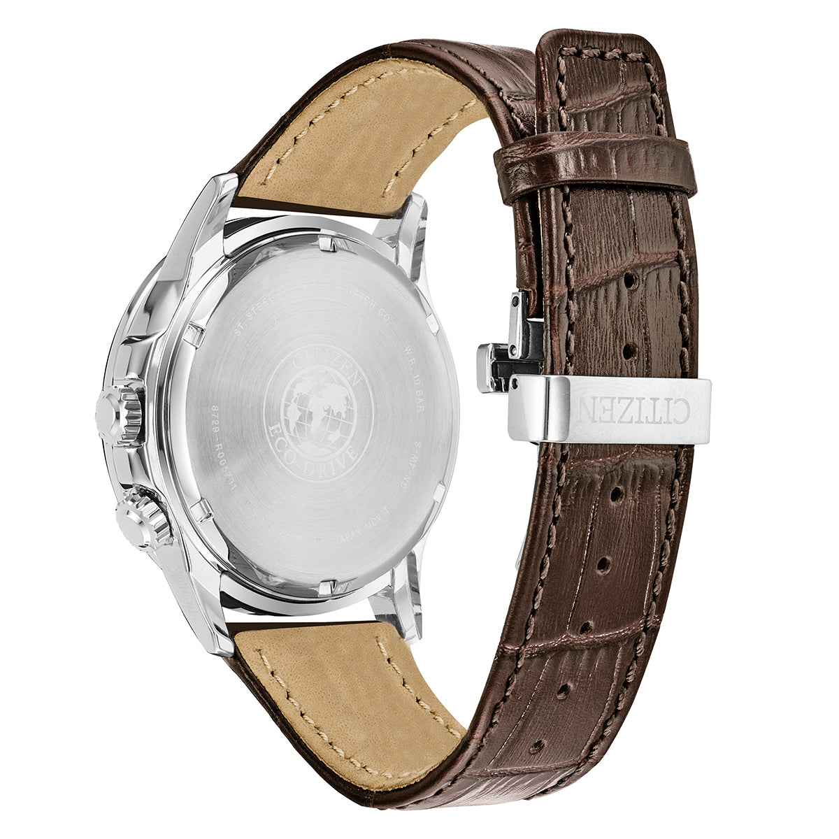 The CITIZEN Calendrier Eco-Drive 37mm Watch showcases a sophisticated blend of style and technology with its stainless steel case and brown leather strap featuring a crocodile pattern. It boasts a see-through back, complemented by a metal buckle on the strap. Powered by CITIZEN's Eco-Drive technology, this watch merges elegance with cutting-edge functionality.