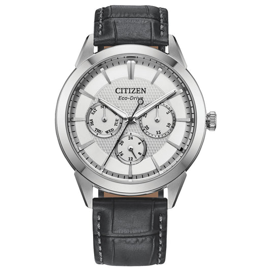 Explore the CITIZEN Rolan Eco-Drive 40mm Watch, which showcases a beautiful silver stainless steel case, a white textured dial, and a sleek black leather strap. This vintage-inspired timepiece features four subdials, silver-tone hands and markers, with the renowned CITIZEN brand name elegantly displayed at the top center.