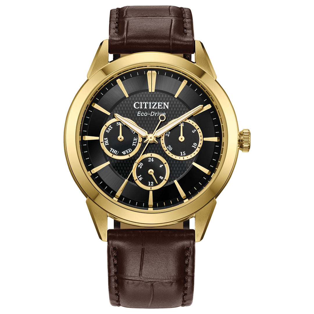 Explore the CITIZEN Rolan Eco-Drive 40mm Watch, a refined timepiece by CITIZEN. This watch showcases a vintage-inspired design with a gold case and an elegant brown leather strap. Its black dial includes multiple subdials for day, date, and 24-hour time, all accentuated by gold accents along with matching hands and hour markers.