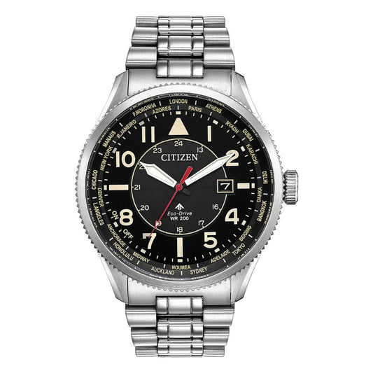 The CITIZEN Avion Eco-Drive 44mm Watch by CITIZEN features a sleek silver stainless steel case and an eye-catching black dial accented with prominent yellow numerals and a red second hand. Its bezel is adorned with world city names, powered by innovative Eco-Drive technology. A date window at 3 o'clock and a metal link bracelet round out its design.