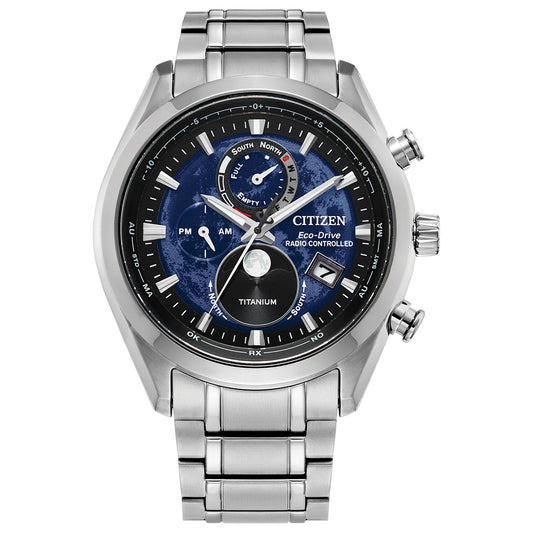 The CITIZEN Tsuki-yomi A-T is a 43mm Super Titanium Eco-Drive watch with atomic timekeeping, a blue-black dial with multiple subdials, silver hour markers, analog time and calendar display.