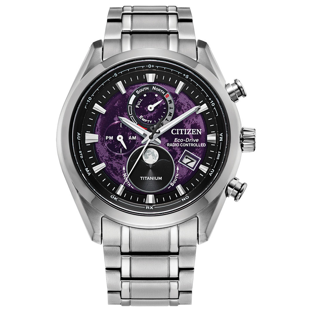The CITIZEN Tsuki-yomi A-T Super Titanium Eco-Drive 43mm Watch features atomic timekeeping, a silver metal band, black and purple dial with date window, subdials, and luminous hands.