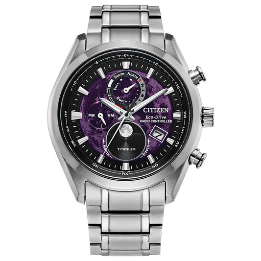 The CITIZEN Tsuki-yomi A-T Super Titanium Eco-Drive 43mm Watch features atomic timekeeping, a silver metal band, black and purple dial with date window, subdials, and luminous hands.