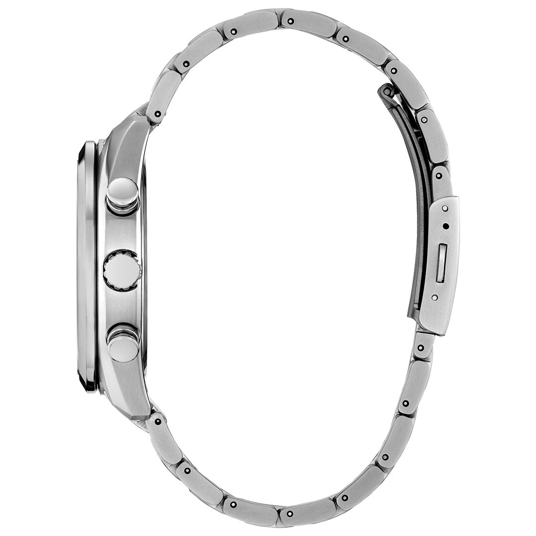 Shown from the side, the CITIZEN Tsuki-yomi A-T Super Titanium Eco-Drive 43mm Watch highlights its slim round case, crown, two pushers, and segmented band with clasp—offering precise atomic timekeeping for unrivaled accuracy.
