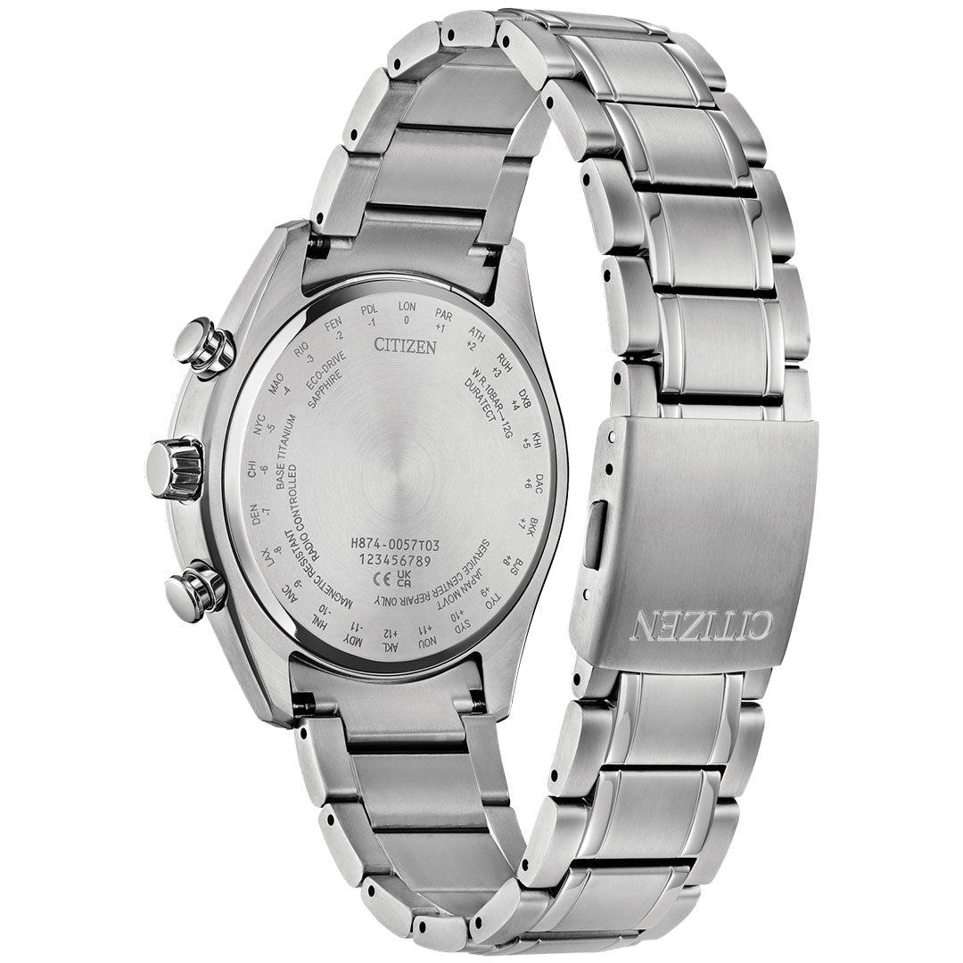 The CITIZEN Tsuki-yomi A-T Super Titanium Eco-Drive 43mm Watch is shown from the back, highlighting engraved text, time zone markings, a metal link band, and the CITIZEN logo on the clasp—powered by advanced Eco-Drive technology.