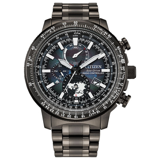 The CITIZEN Promaster Geo Trekker Limited Edition Eco-Drive 46mm Watch features a sleek stainless steel band and an intricate black dial, enhanced with Eco-Drive technology. It includes multiple sub-dials, world time zones, and a date display, making it the perfect choice for the discerning explorer.