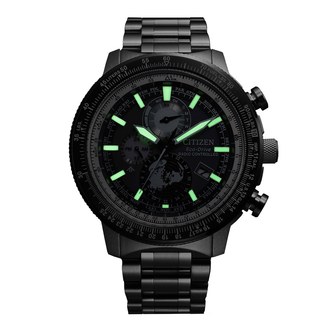 The CITIZEN Promaster Geo Trekker Eco-Drive 46mm Watch comes in black and features radio-controlled technology. It includes an analog display with three sub-dials, luminous green hour markers and hands, a stainless steel bracelet, and multiple side buttons.