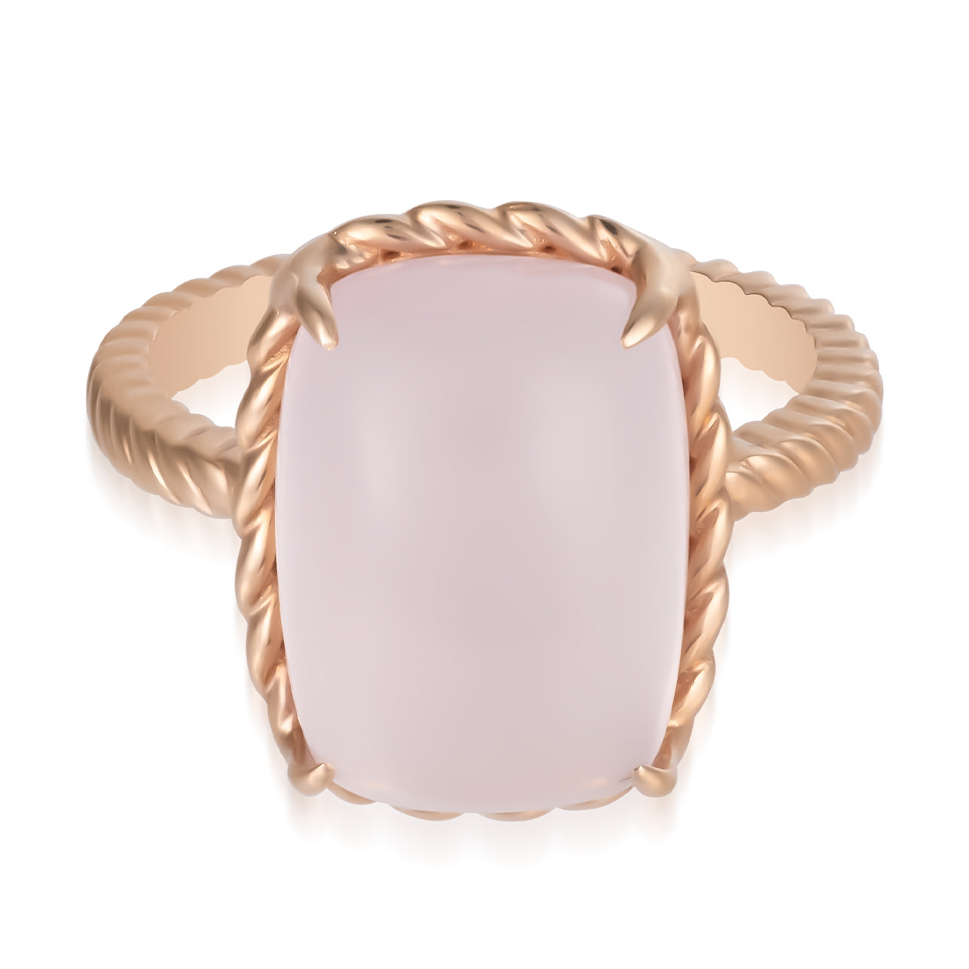 Experience the sophistication of the Raffi&Co.® 14K Rose Gold Quartz Ring, showcasing an impressive large, smooth rectangular quartz gemstone. The 14K rose gold band is artistically crafted with a beautiful twisted rope-like texture, adding to its allure. Exclusively designed by Raffi&Co., this exquisite piece is a must-have addition to any collection.