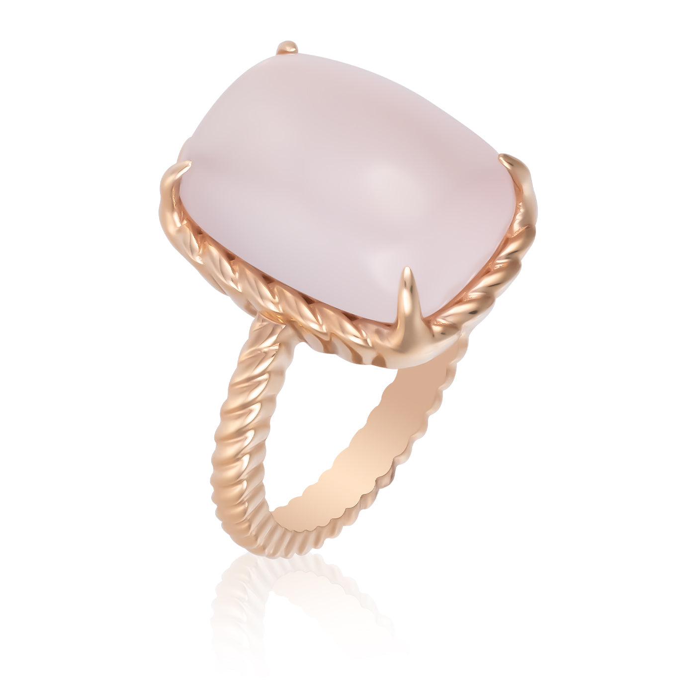 The Raffi&Co® 14K Rose Gold Quartz Ring features a sophisticated twisted band in 14K rose gold that gracefully holds a large rectangular pink quartz stone in a four-prong setting.