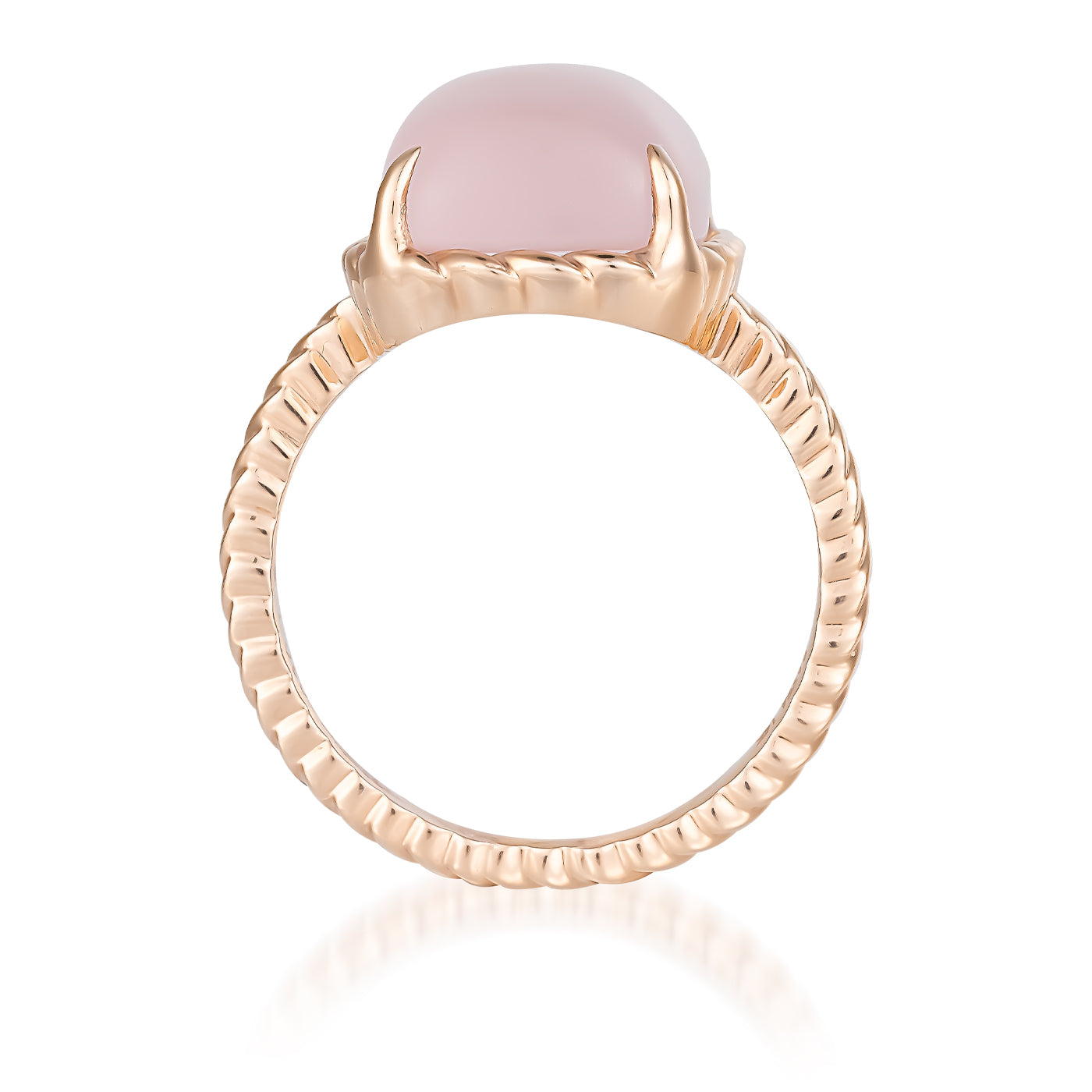 The Raffi&Co.® 14K Rose Gold Quartz Ring features a textured band and showcases a large, smooth pink quartz stone set in a distinctive, claw-like design. This exquisite piece by Raffi&Co embodies the perfect blend of timeless elegance and modern artistry.