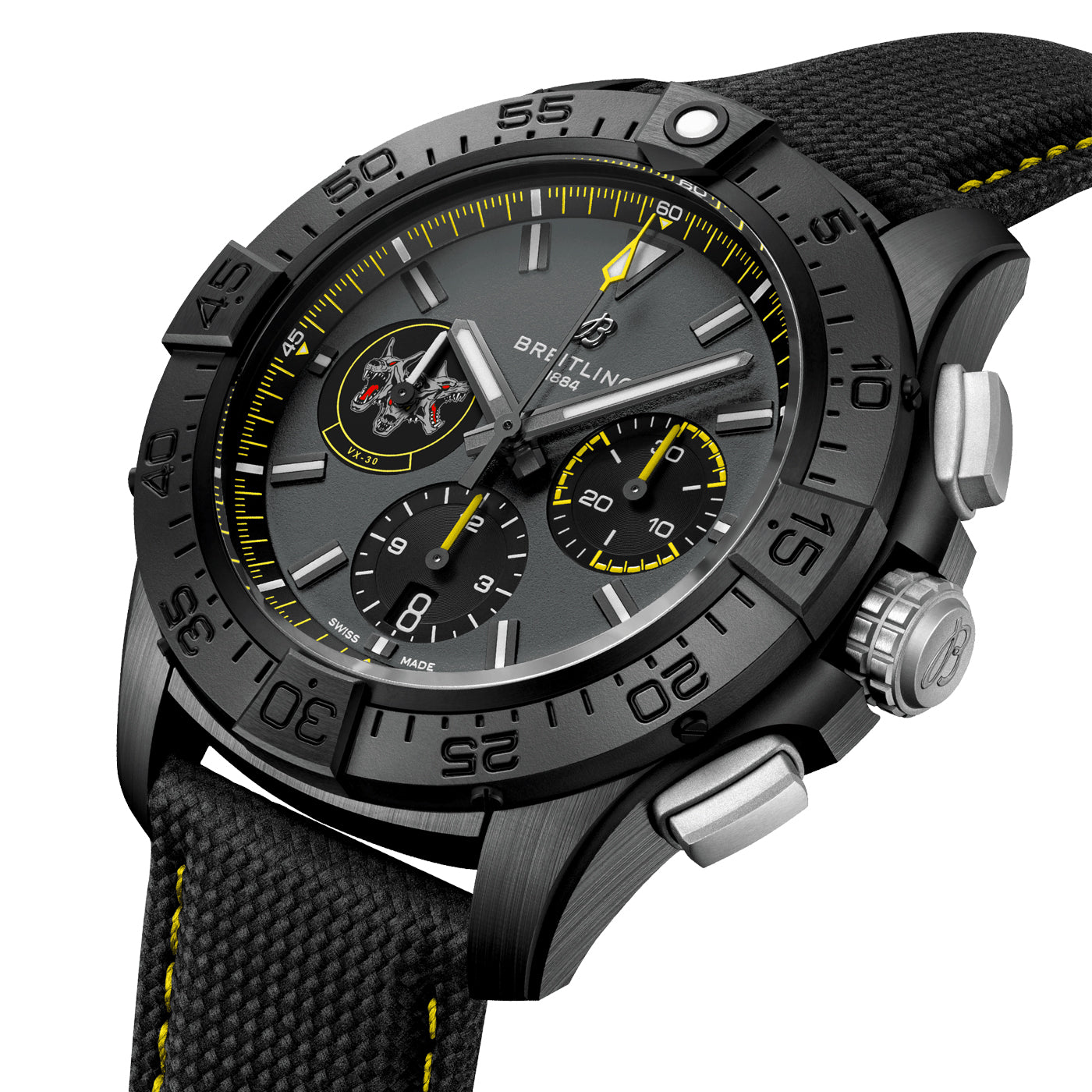 Introducing the BREITLING Avenger B01 Chronograph 44 Night Mission USN Bloodhounds, a sophisticated timepiece by Breitling. This black and gray watch, inspired by jet pilots, comes with a textured strap accentuated with yellow stitching. It features bold hour markers, three subdials, and a rotating bezel—ideal for those who value precision and style.