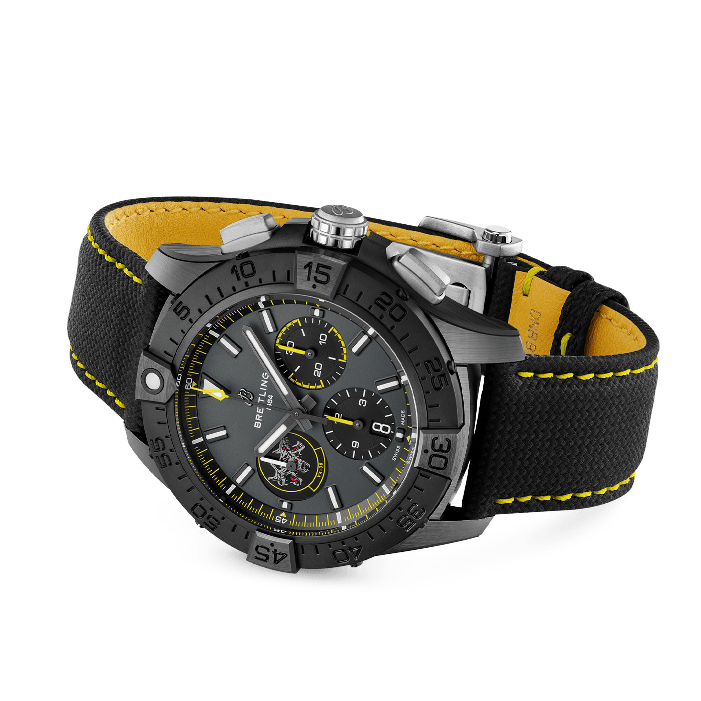 Introducing the BREITLING Avenger B01 Chronograph 44 Night Mission USN Bloodhounds by Breitling, a striking wristwatch with bold black and yellow features. This timepiece is inspired by U.S. Navy jet pilots, showcasing a large round face with three sub-dials, complemented by yellow accents and a black textured strap adorned with eye-catching yellow stitching. Its robust design is completed with a metal bezel and prominent side buttons, perfect for adventurous souls.