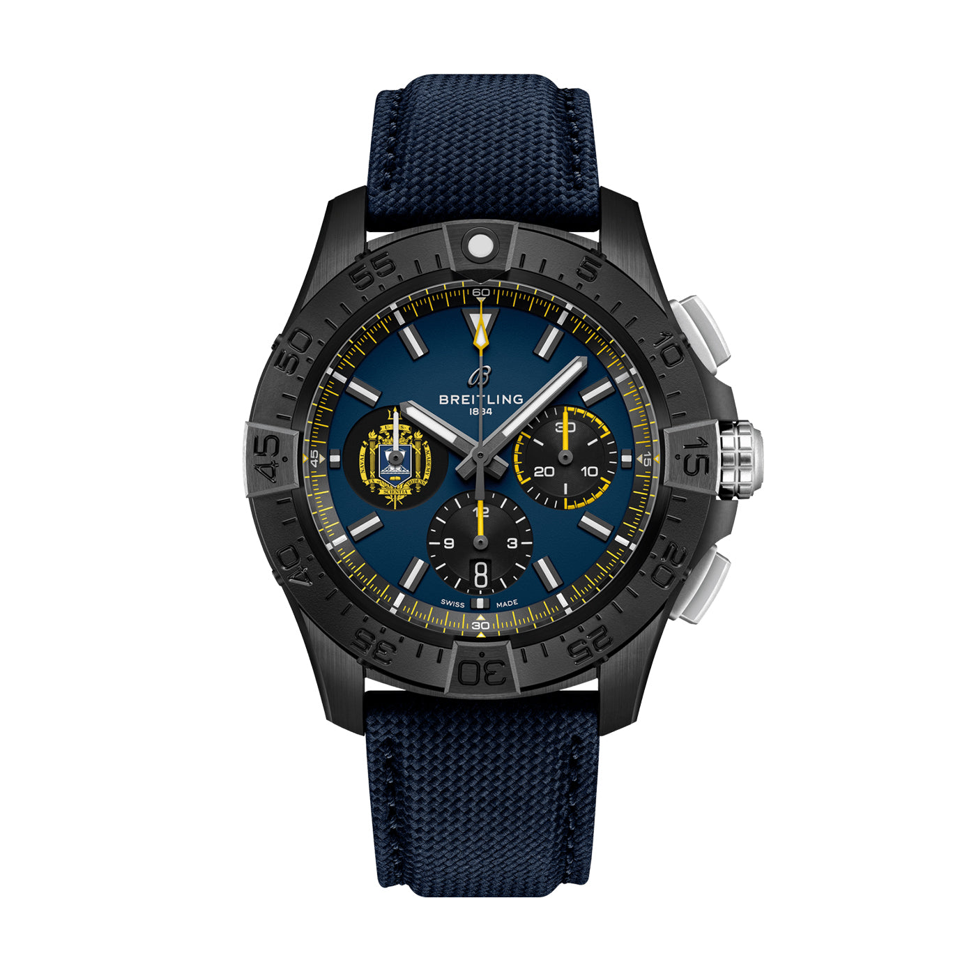 The BREITLING Avenger B01 Chronograph 44 Night Mission US Naval Academy sports watch features a bold blue and black color scheme, complete with a textured blue strap, ceramic case, and a dark bezel with numeric markings. It includes three sub-dials and yellow accents on the hands and hour markers. The dial prominently displays the iconic Breitling logo.