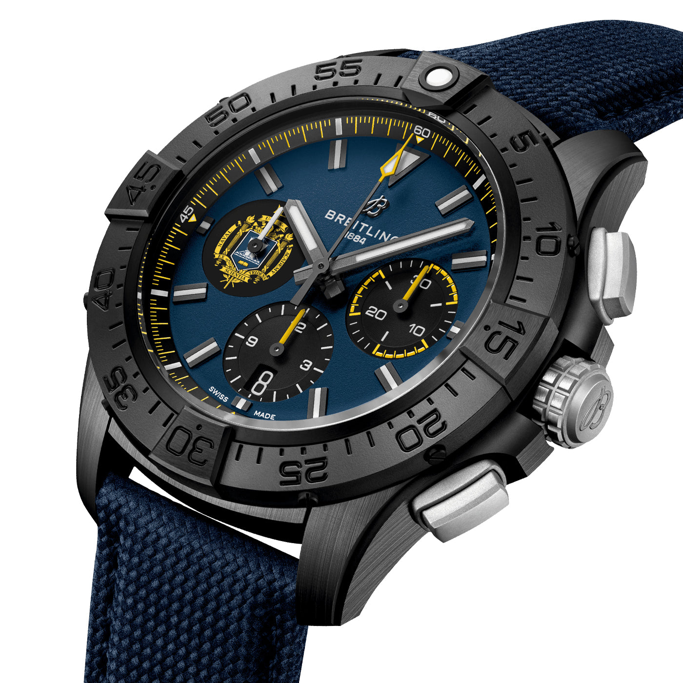 The BREITLING Avenger B01 Chronograph 44 Night Mission US Naval Academy watch displays an eye-catching blue dial complemented by yellow and white accents. It includes three sub-dials, a textured strap, and a prominent crown. The robust ceramic-encased bezel is adorned with numerical markings at intervals for both precision and style.