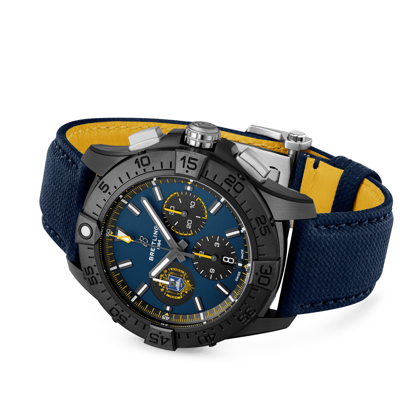 The BREITLING Avenger B01 Chronograph 44 Night Mission US Naval Academy wristwatch showcases a dark blue face with prominent white numerals and hands, along with three subdials and a stylish ceramic case. Its textured blue band is highlighted by a contrasting yellow lining, complemented by the logo and date window for a distinctive appearance.