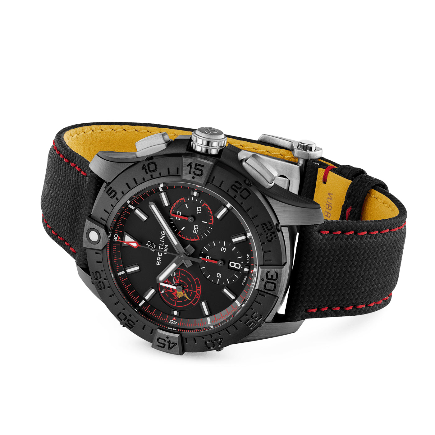 The BREITLING Avenger B01 Chronograph 44 Night Mission USN Dust Devils luxury wristwatch showcases a striking black dial with red accents, enhanced by multiple dials and a sophisticated black band featuring red stitching. Its sturdy design includes a stainless steel case, an engraved bezel, and is powered by the precise Breitling manufacture caliber 01 for exceptional reliability.